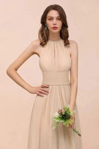 Simple Halter Champagne Slim Long Bridesmaid Dress by misshow.com