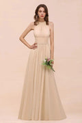 Simple Halter Champagne Slim Long Bridesmaid Dress by misshow.com
