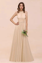 Simple Halter Champagne Slim Long Bridesmaid Dress by misshow.com