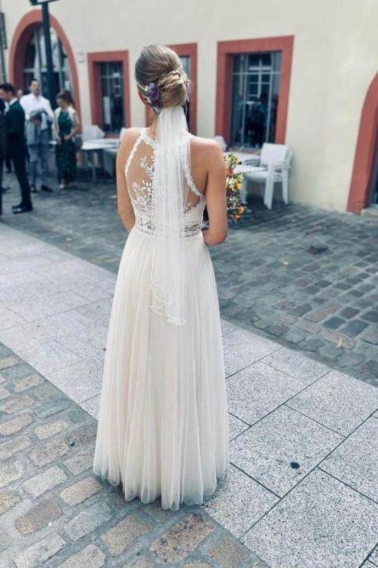 Simple Halter White Sleeveless A-line Tulle Wedding Dress by misshow.com