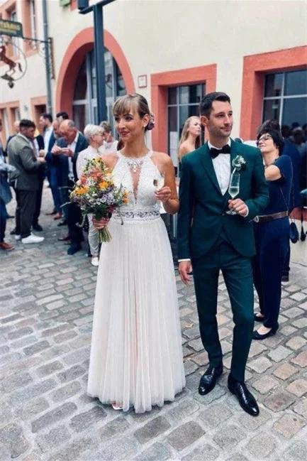 Simple Halter White Sleeveless A-line Tulle Wedding Dress by misshow.com