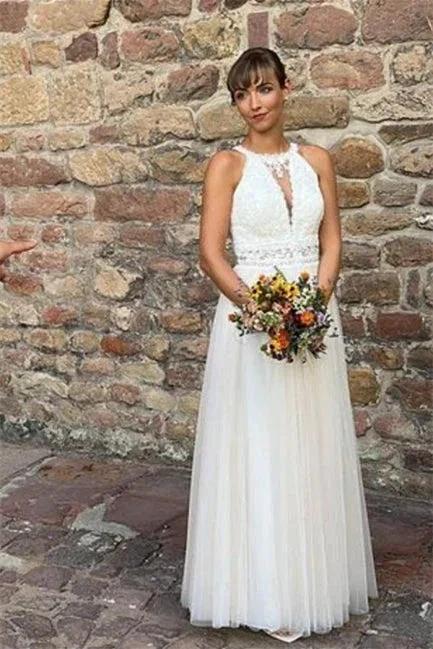 Simple Halter White Sleeveless A-line Tulle Wedding Dress by misshow.com