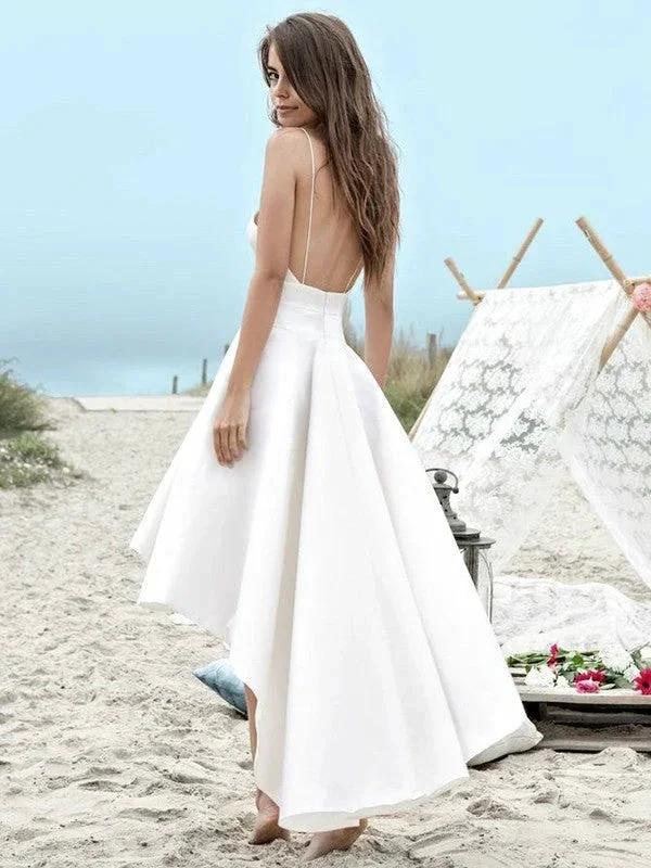 Simple High Low A-Line V-neck Spaghetti Straps Wedding Dress With Pockets by BIZTUNNEL