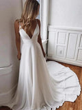 Simple Ivory Long A-line V-Neck Satin Backelss Wedding Dresses by BIZTUNNEL