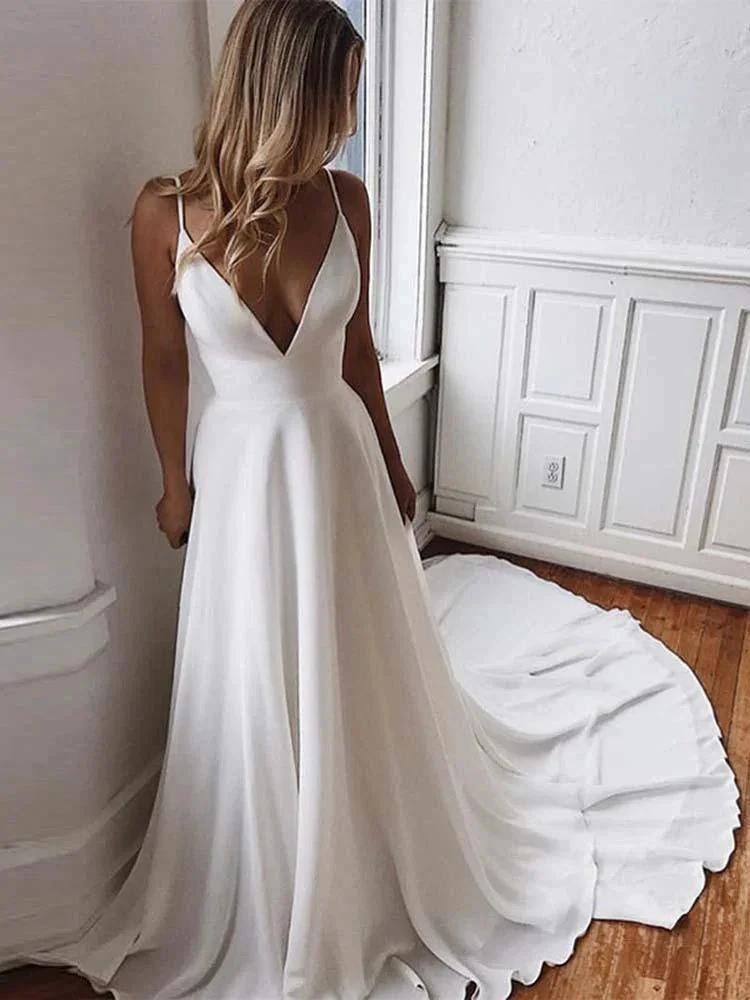 Simple Ivory Long A-line V-Neck Satin Backelss Wedding Dresses by BIZTUNNEL