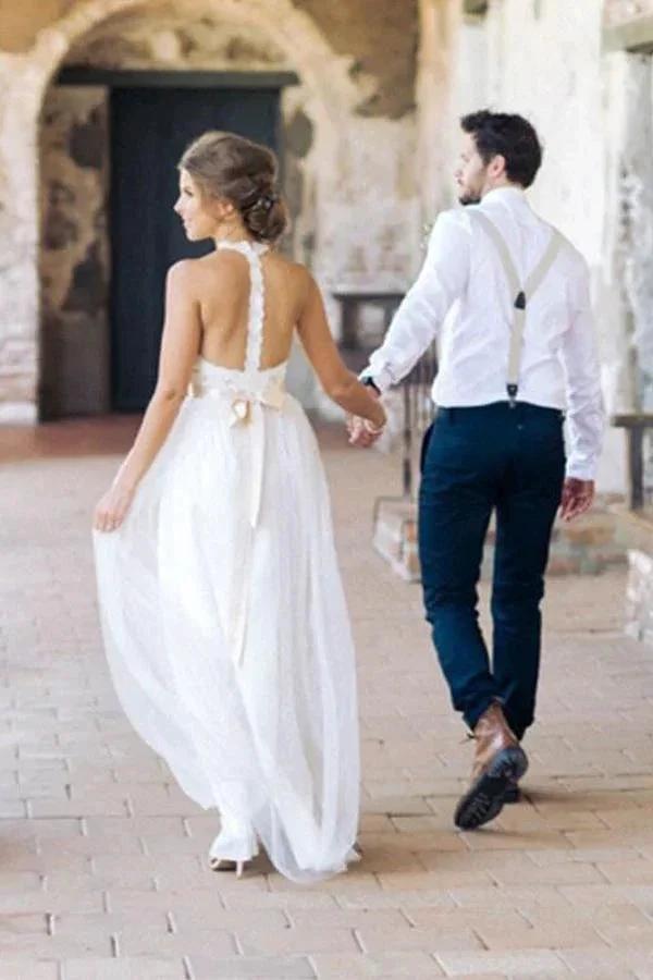 Simple Jewel Sleeveless Floor-Length Lace Top Wedding Dress WD098 by pgmdress
