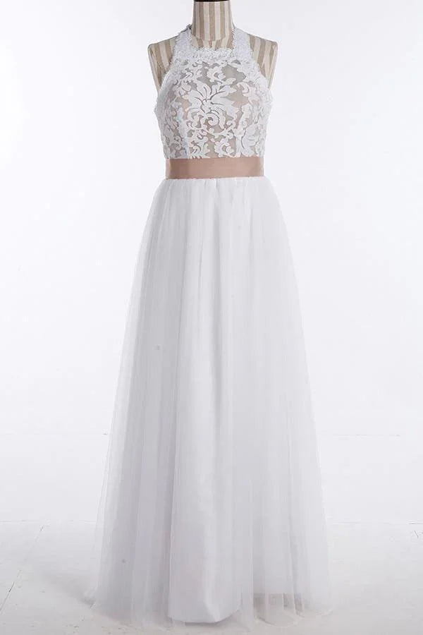 Simple Jewel Sleeveless Floor-Length Lace Top Wedding Dress WD098 by pgmdress