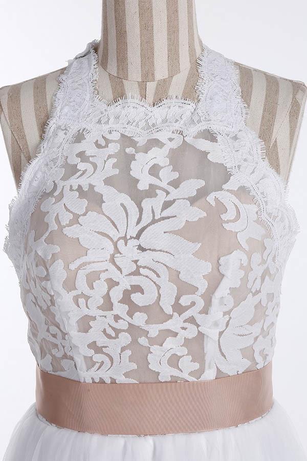 Simple Jewel Sleeveless Floor-Length Lace Top Wedding Dress WD098 by pgmdress