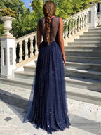Simple Long A-line Bateau Sequin Prom Dress by BIZTUNNEL