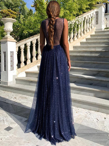 Vestido de fiesta sencillo, largo, de corte A, con lentejuelas y escote barco