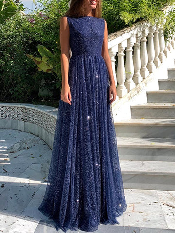 Vestido de fiesta sencillo, largo, de corte A, con lentejuelas y escote barco