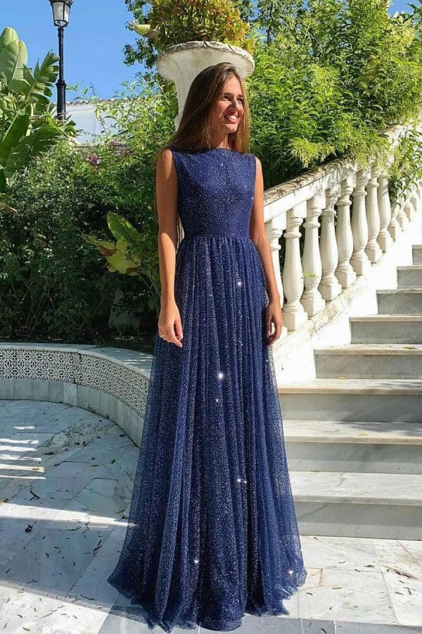 Simple Long A-line Bateau Sequin Prom Dress by BIZTUNNEL