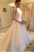 Simple Long A Line Halter Satin Backless Wedding Dress with Bow by BIZTUNNEL
