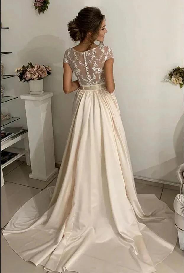 Simple Long A-line jewel Stretch Satin Lace Wedding Dresses by BIZTUNNEL