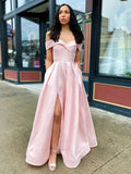Simple Long A-line Off Shoulder Satin Fornt Slit Prom Dresses with Pockets by BIZTUNNEL