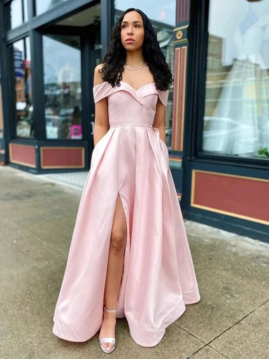 Simple Long A-line Off Shoulder Satin Fornt Slit Prom Dresses with Pockets by BIZTUNNEL