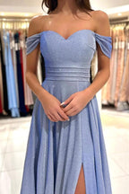 Simple Long A-line Off The shoulder Glitter Prom Dress with Slit by BIZTUNNEL