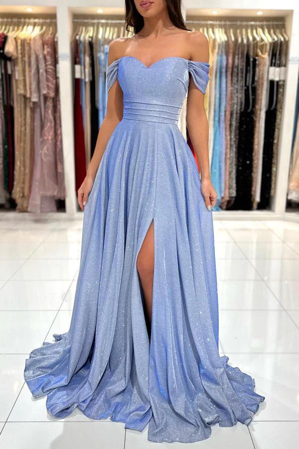 Simple Long A-line Off The shoulder Glitter Prom Dress with Slit by BIZTUNNEL