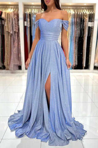 Vestido de fiesta sencillo largo de corte A con hombros descubiertos y purpurina con abertura