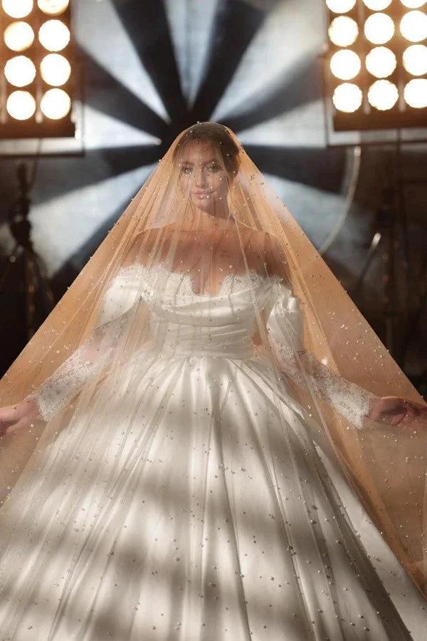 Simple Long A-line Off-the-shoulder Princess Satin Lace Wedding Dresses With Long Sleeves by misshow.com
