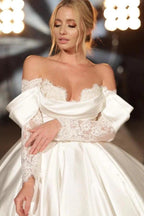 Simple Long A-line Off-the-shoulder Princess Satin Lace Wedding Dresses With Long Sleeves by misshow.com