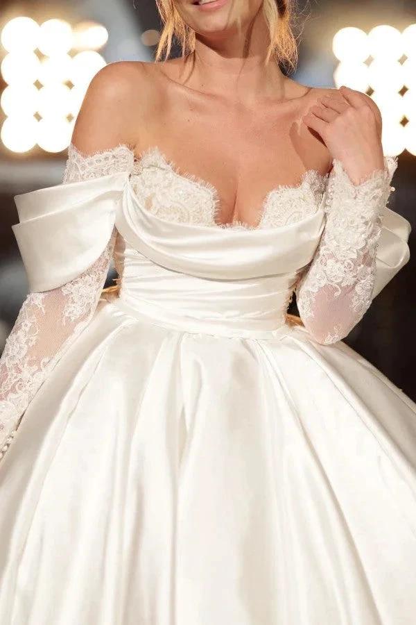Simple Long A-line Off-the-shoulder Princess Satin Lace Wedding Dresses With Long Sleeves by misshow.com