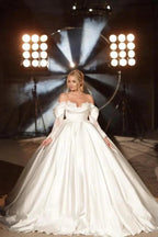 Simple Long A-line Off-the-shoulder Princess Satin Lace Wedding Dresses With Long Sleeves by misshow.com
