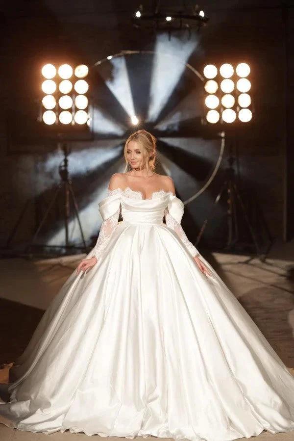 Simple Long A-line Off-the-shoulder Princess Satin Lace Wedding Dresses With Long Sleeves by misshow.com