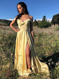 Simple Long A-line Off the Shoulder Satin Prom Dresses with Hight Slit by BIZTUNNEL
