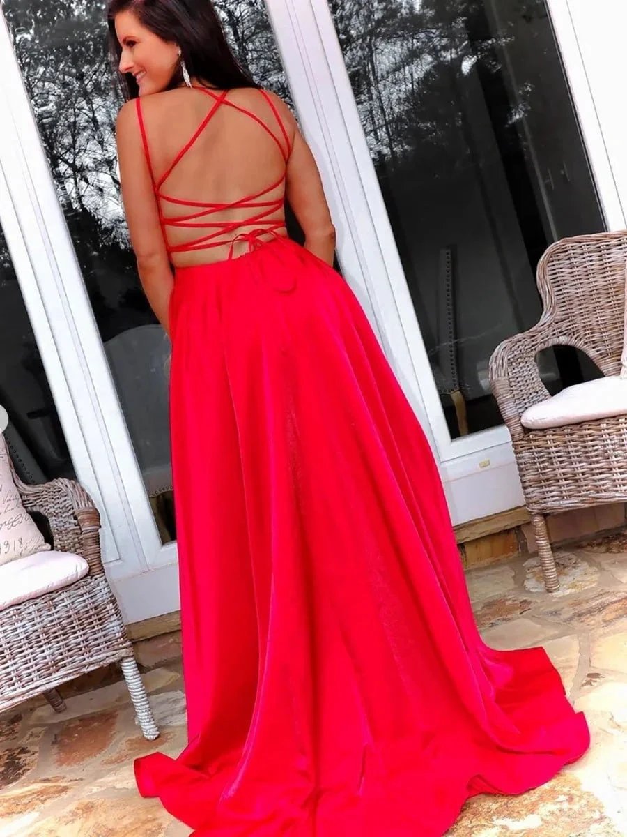Simple Long A-line Open Back Satin Front Slit Formal Prom Dresses with Cross Back by BIZTUNNEL