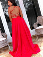 Simple Long A-line Open Back Satin Front Slit Formal Prom Dresses with Cross Back by BIZTUNNEL
