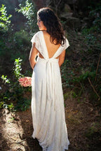 Simple Long A-line Open Back Sleeveless V-neck Lace Wedding Dress by BIZTUNNEL
