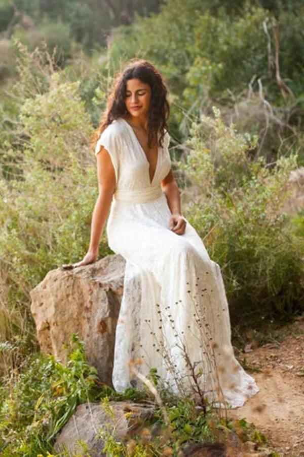 Simple Long A-line Open Back Sleeveless V-neck Lace Wedding Dress by BIZTUNNEL