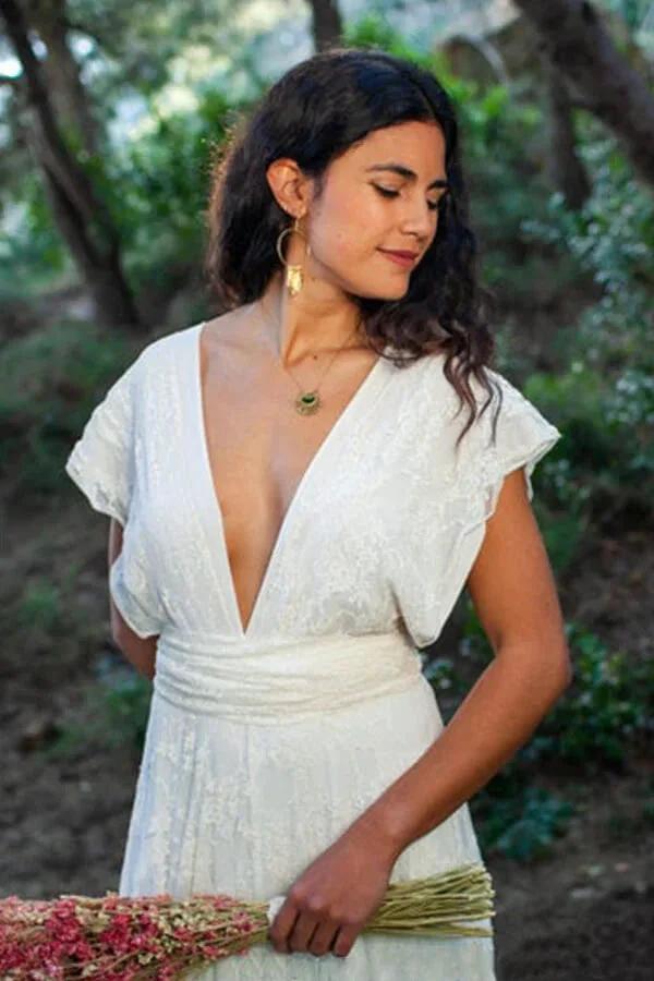 Simple Long A-line Open Back Sleeveless V-neck Lace Wedding Dress by BIZTUNNEL