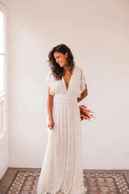 Simple Long A-line Open Back Sleeveless V-neck Lace Wedding Dress by BIZTUNNEL