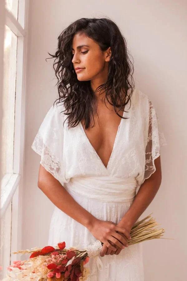 Simple Long A-line Open Back Sleeveless V-neck Lace Wedding Dress by BIZTUNNEL