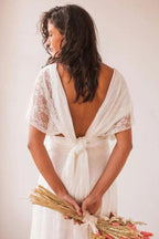Simple Long A-line Open Back Sleeveless V-neck Lace Wedding Dress by BIZTUNNEL