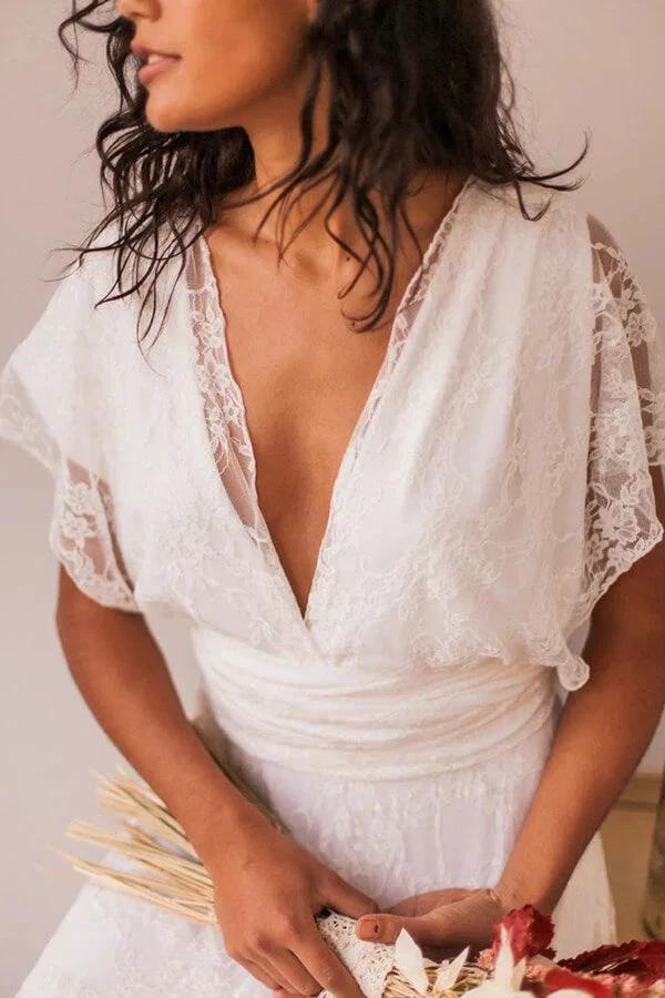 Simple Long A-line Open Back Sleeveless V-neck Lace Wedding Dress by BIZTUNNEL