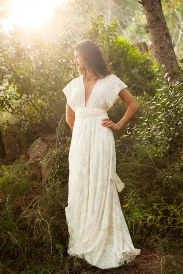 Simple Long A-line Open Back Sleeveless V-neck Lace Wedding Dress by BIZTUNNEL