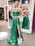 Simple Long A-line Satin Backless Prom Dresses with High Slit by BIZTUNNEL