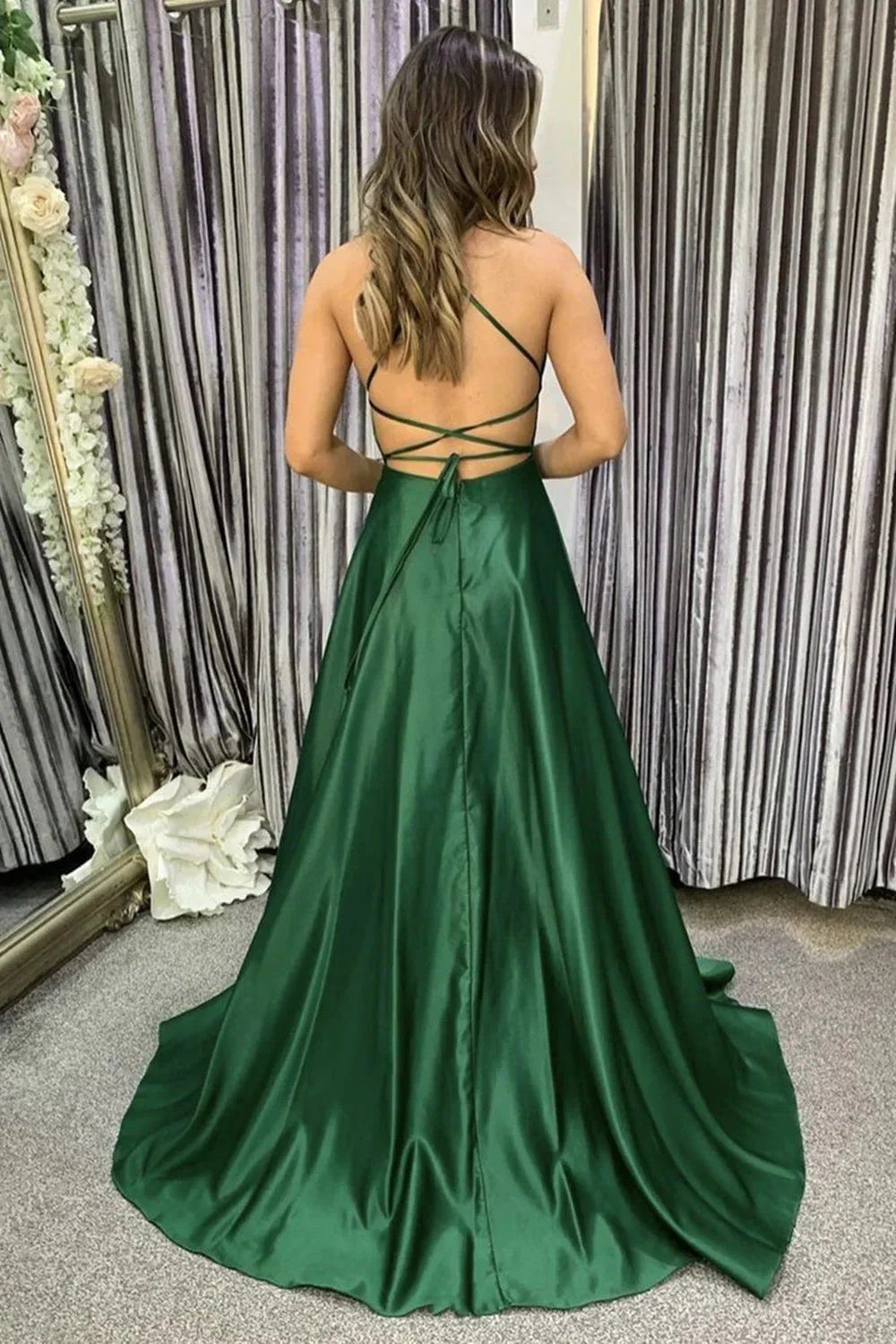 Simple Long A-line Satin Open Back Graduation Prom Dresses with Slit by BIZTUNNEL