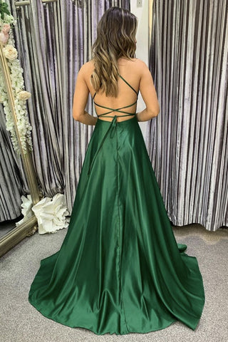 Vestidos de graduación sencillos, largos, de satén, con espalda abierta y corte A con abertura