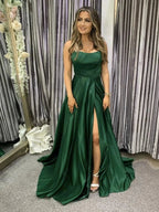Simple Long A-line Satin Open Back Graduation Prom Dresses with Slit by BIZTUNNEL