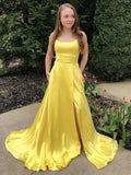 Simple Long A-line Scoop Neck Satin Fornt Slit Graduation Prom Dresses with Pockets by BIZTUNNEL
