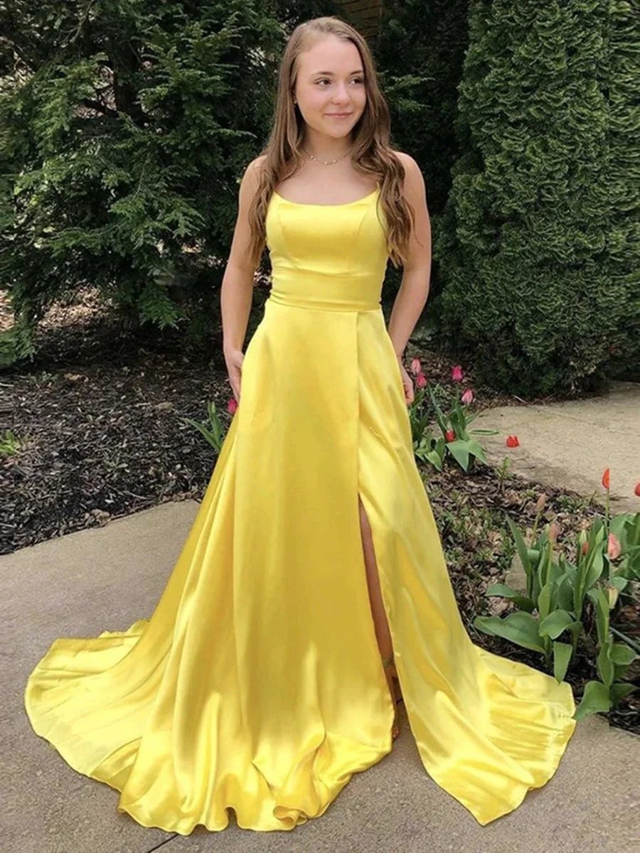 Simple Long A-line Scoop Neck Satin Fornt Slit Graduation Prom Dresses with Pockets by BIZTUNNEL
