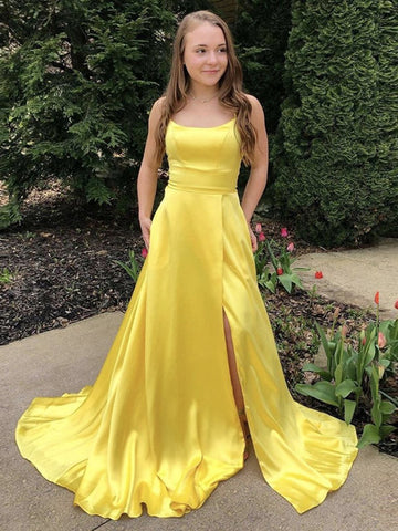 Schlichtes langes A-Linien-Abschlussballkleid mit U-Ausschnitt, Satin vorne, Schlitz und Taschen