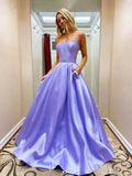 Simple Long A-line Scoop Neck Satin Prom Dress with Pockets Purple Formal Graduation Evening Gowns by BIZTUNNEL