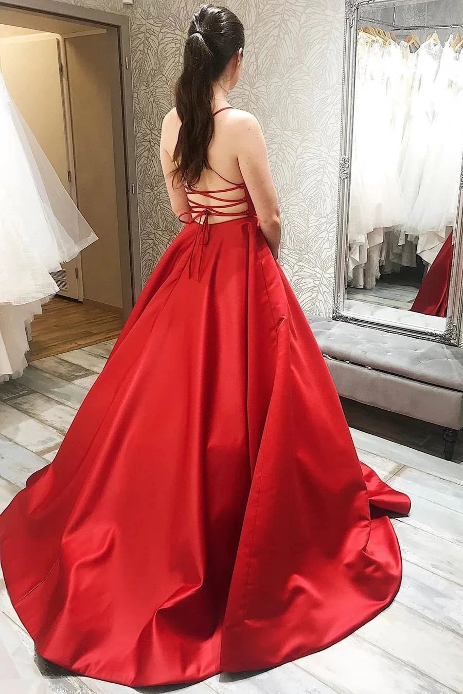 Simple Long A-line Spaghetti Straps Backless Satin Prom Formal Graduation Dresses by BIZTUNNEL