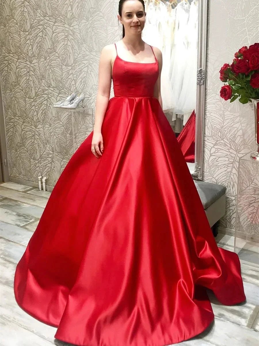 Simple Long A-line Spaghetti Straps Backless Satin Prom Formal Graduation Dresses by BIZTUNNEL