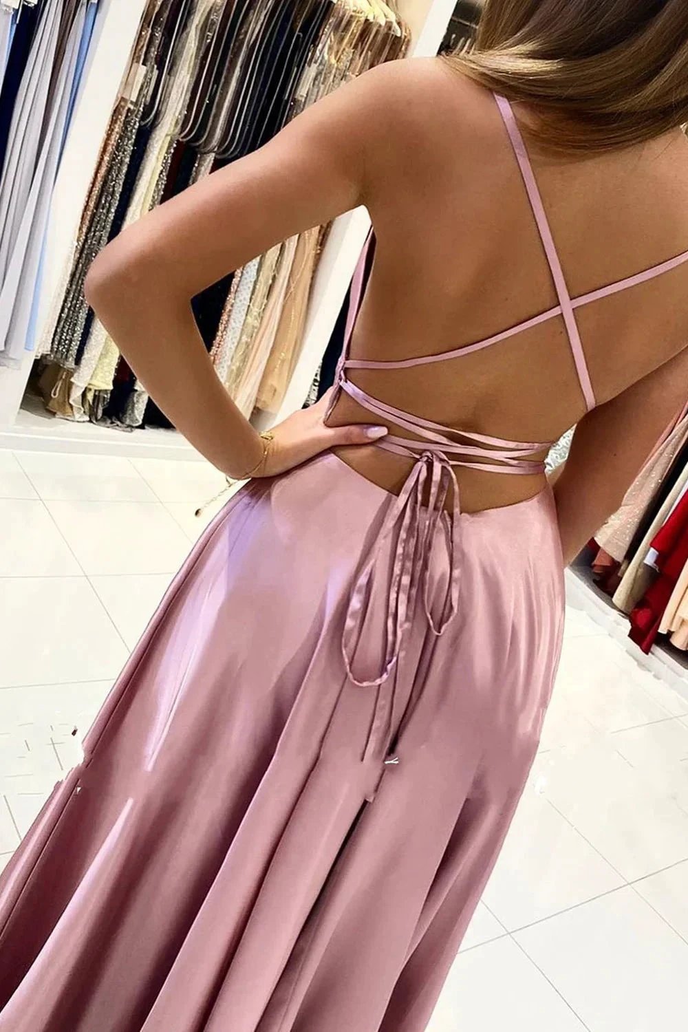 Simple Long A-line Spaghetti Straps Open Back Prom Dress with Slit by BIZTUNNEL